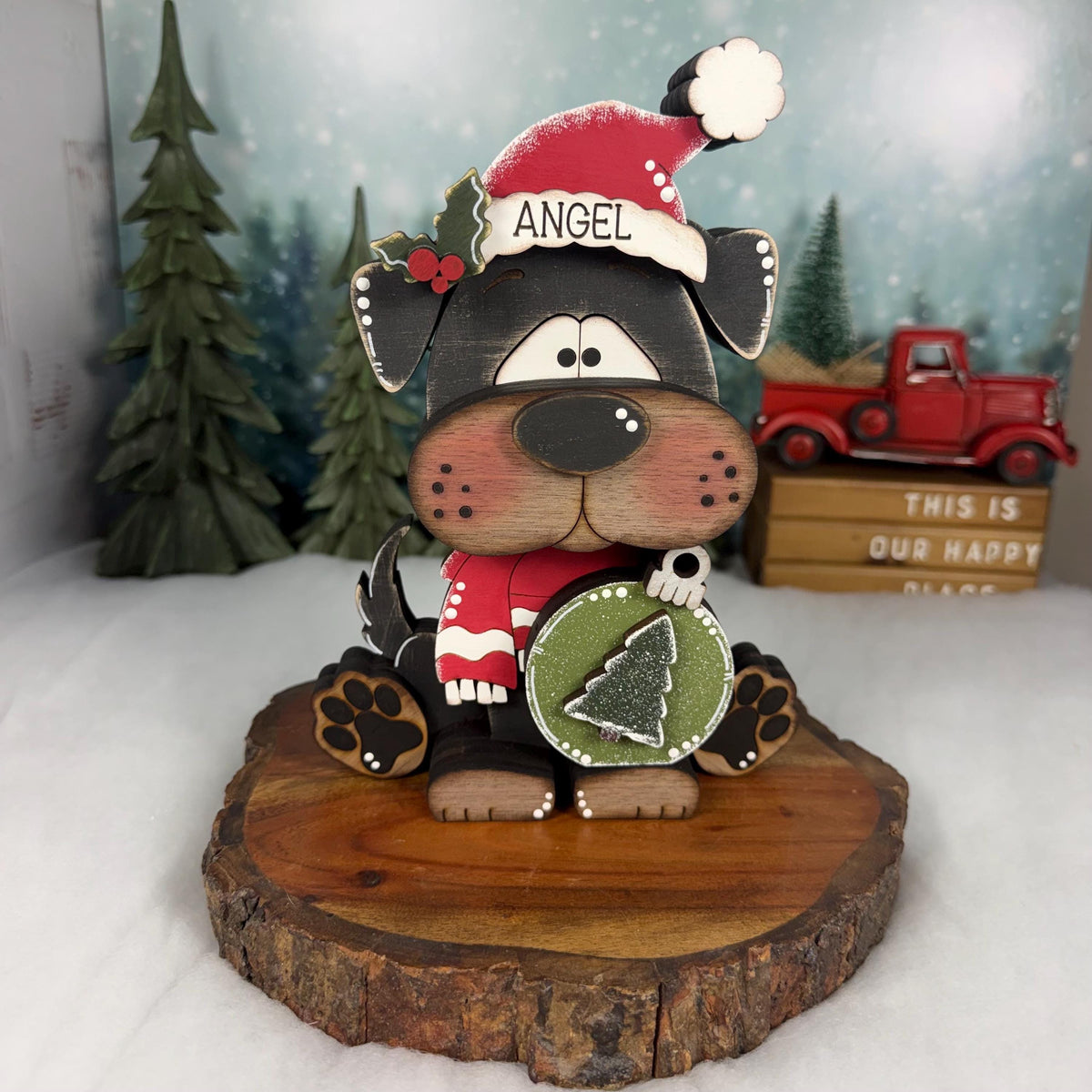 Christmas Dog Shelf Sitter | Hand-Painted Chunky Wooden Holiday Decor
