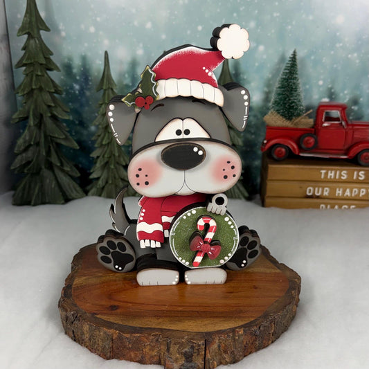 Christmas Dog Shelf Sitter | Hand-Painted Chunky Wooden Holiday Decor