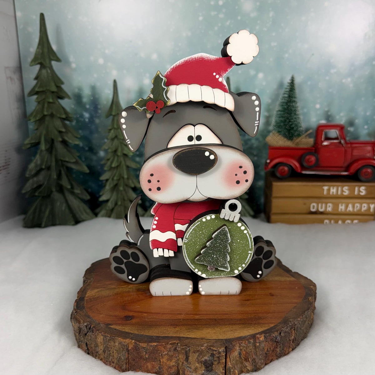Christmas Dog Shelf Sitter | Hand-Painted Chunky Wooden Holiday Decor