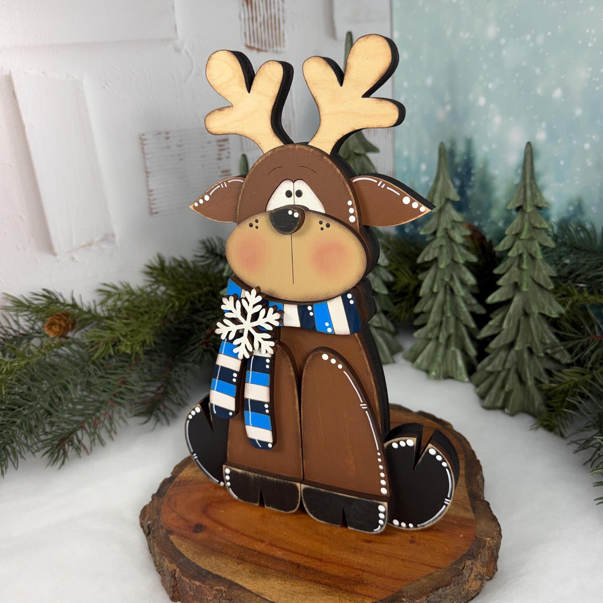 Wooden Reindeer Shelf Sitter, Hand Painted Winter Decor, Blue and White Scarf