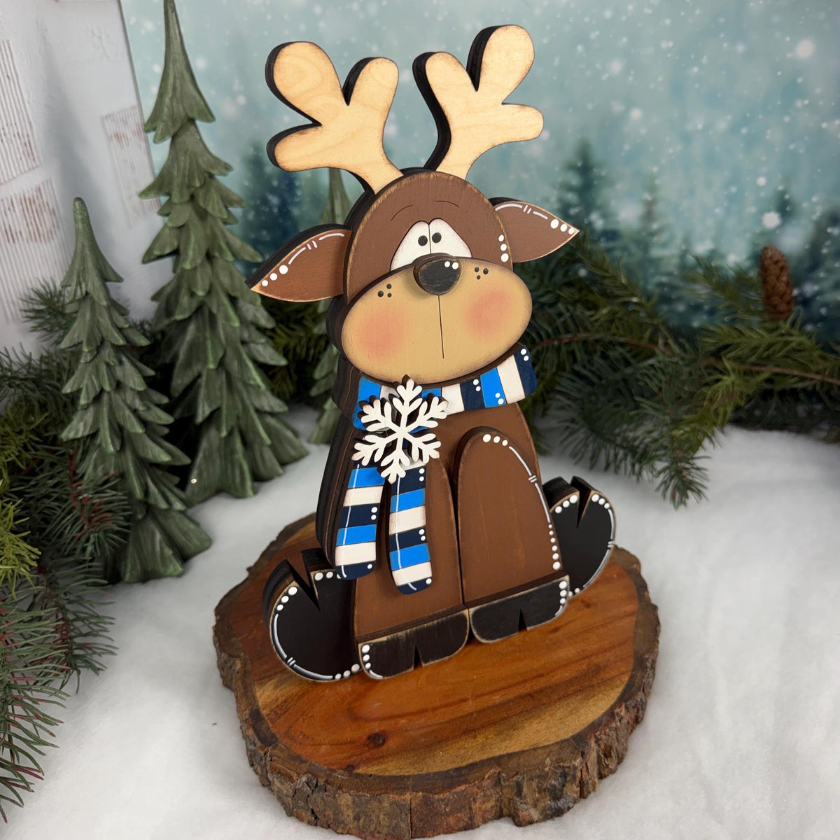 Wooden Reindeer Shelf Sitter, Hand Painted Winter Decor, Blue and White Scarf