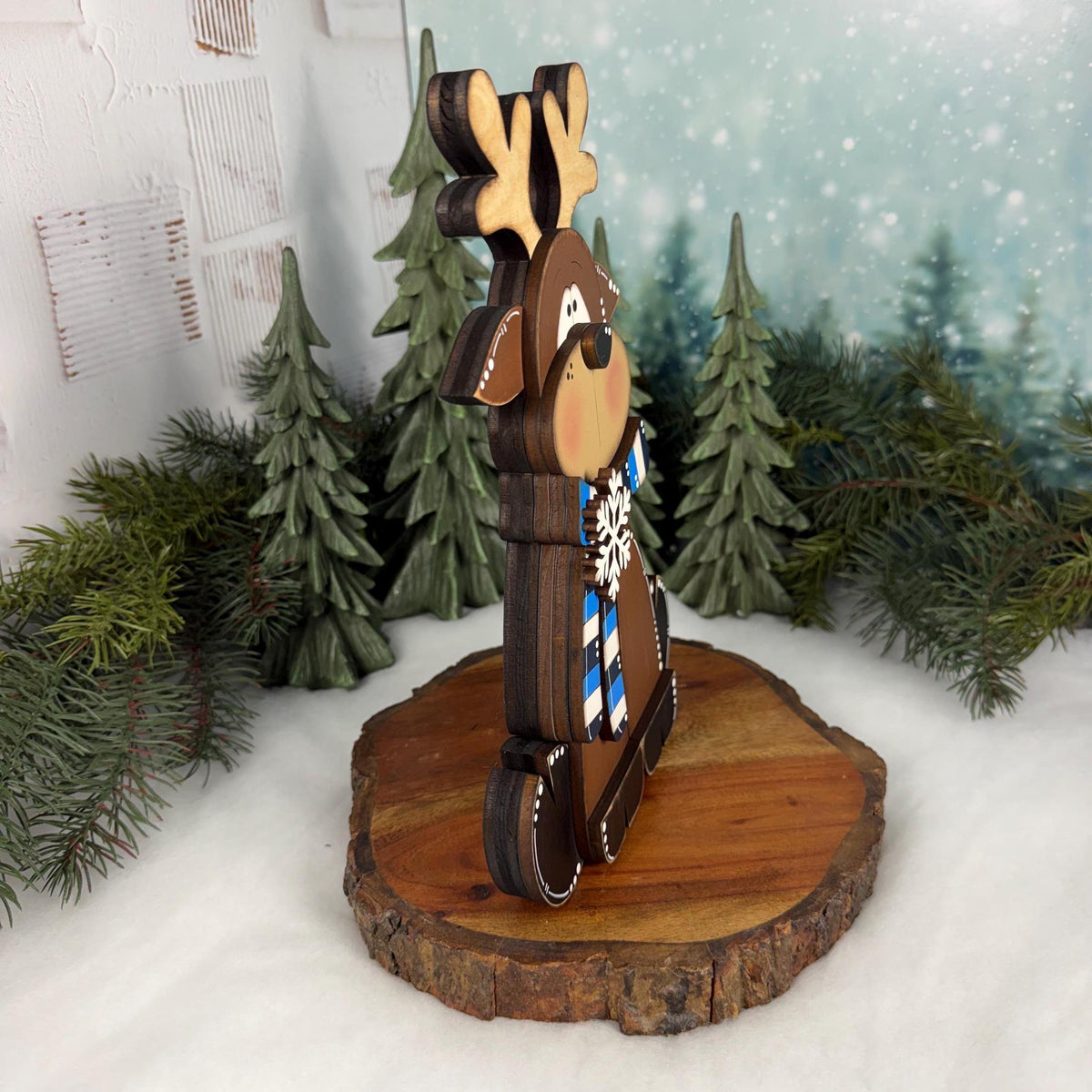 Wooden Reindeer Shelf Sitter, Hand Painted Winter Decor, Blue and White Scarf