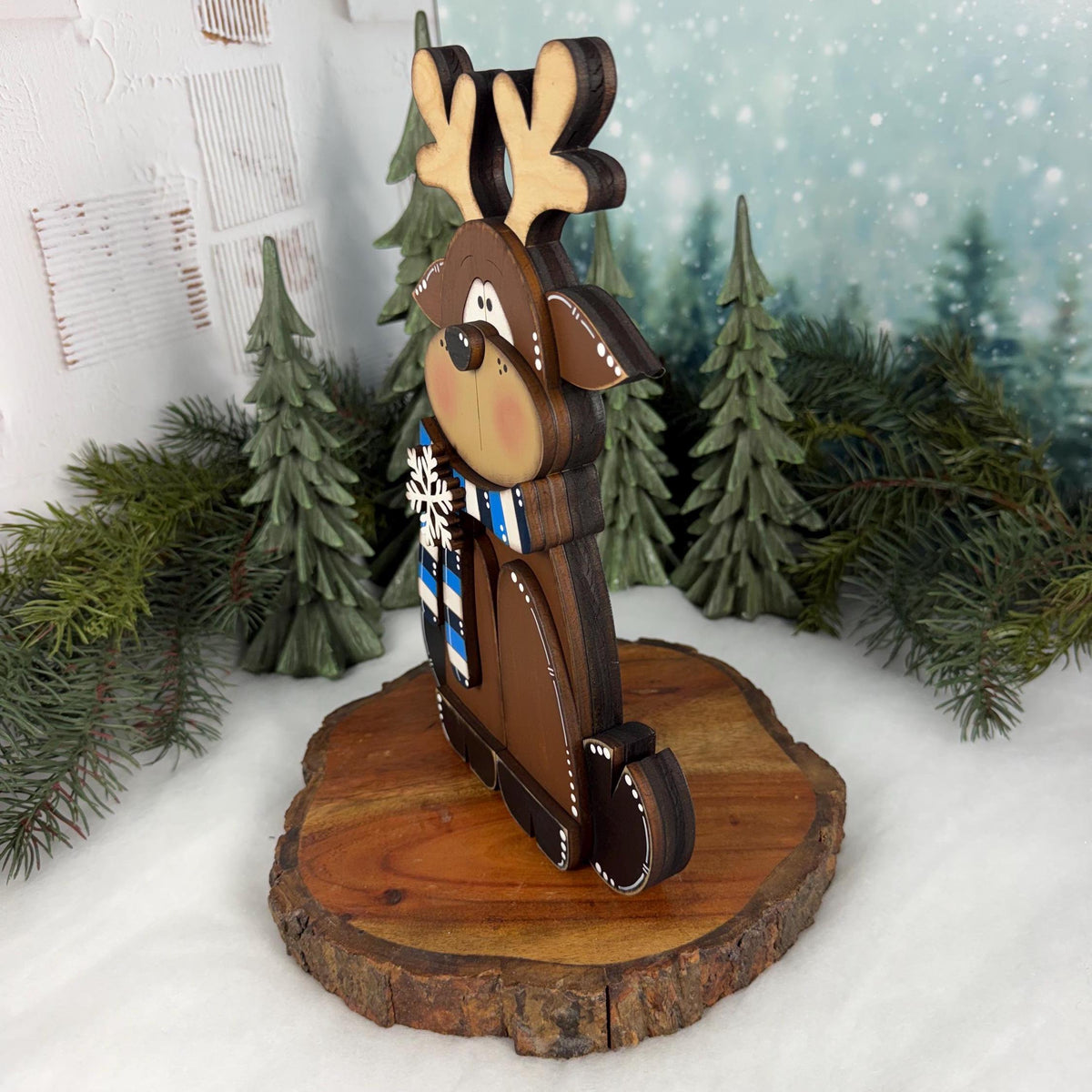Wooden Reindeer Shelf Sitter, Hand Painted Winter Decor, Blue and White Scarf