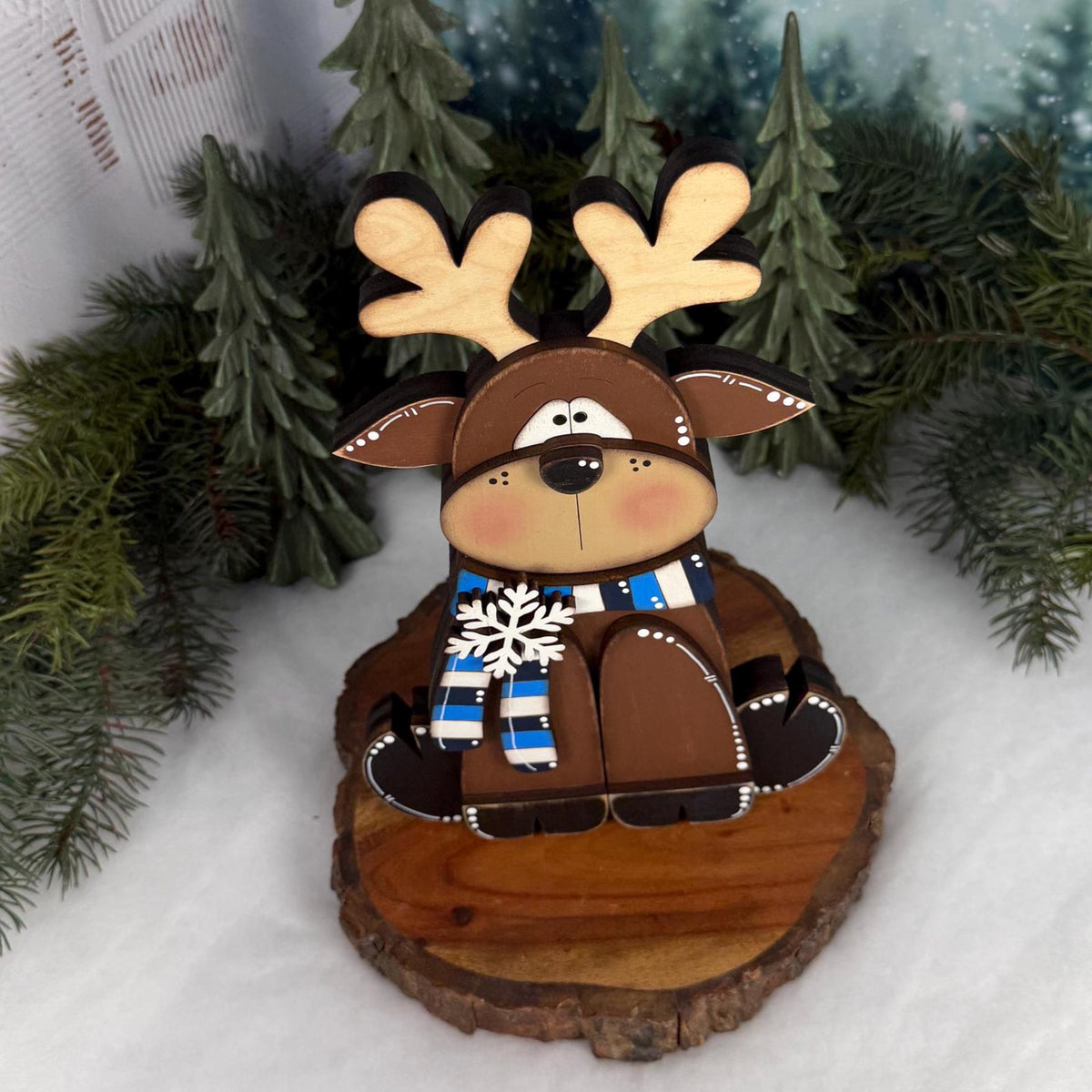 Wooden Reindeer Shelf Sitter, Hand Painted Winter Decor, Blue and White Scarf