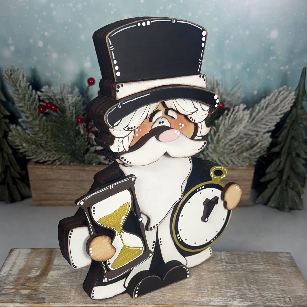 Father Time Wooden Shelf Sitter, Hand Painted New Year Centerpiece, Rustic Holiday Decor