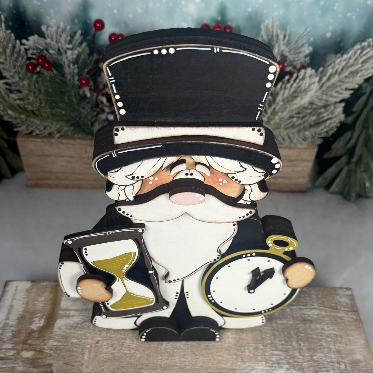 Father Time Wooden Shelf Sitter, Hand Painted New Year Centerpiece, Rustic Holiday Decor