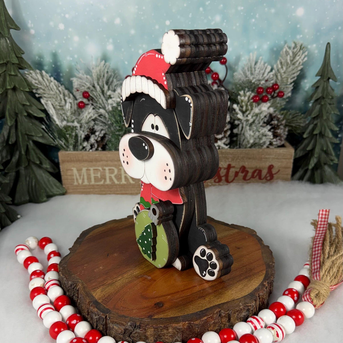 Christmas Dog Shelf Sitter | Hand-Painted Chunky Wooden Holiday Decor