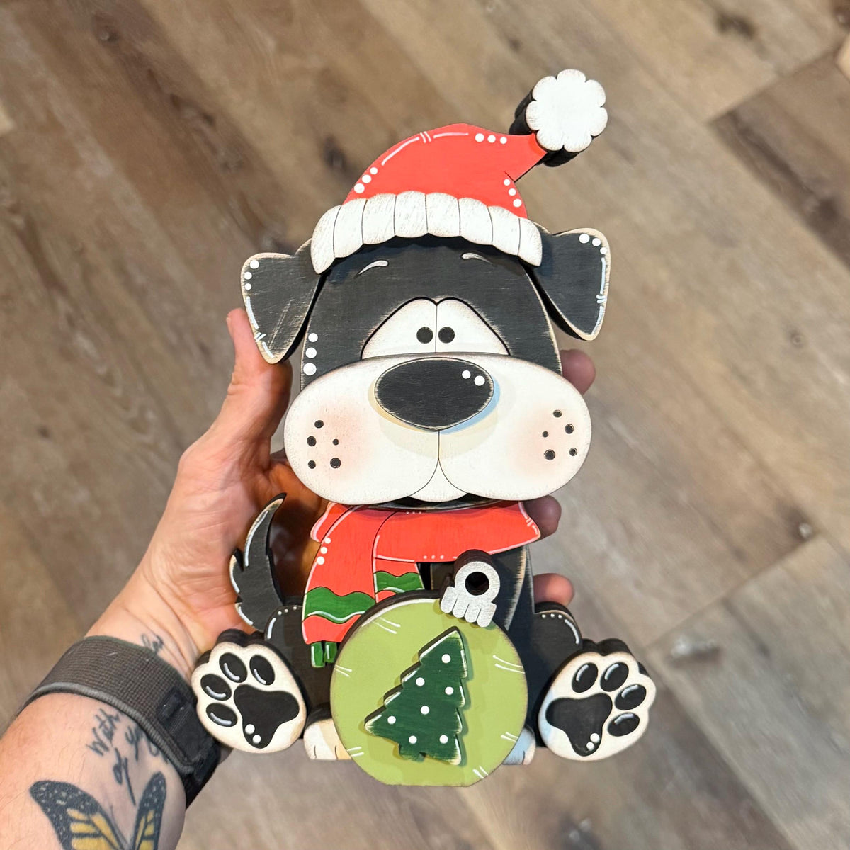 Christmas Dog Shelf Sitter | Hand-Painted Chunky Wooden Holiday Decor