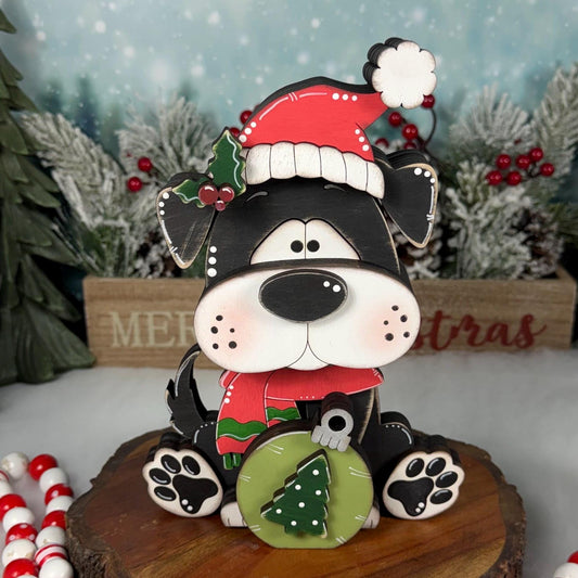 Christmas Dog Shelf Sitter | Hand-Painted Chunky Wooden Holiday Decor