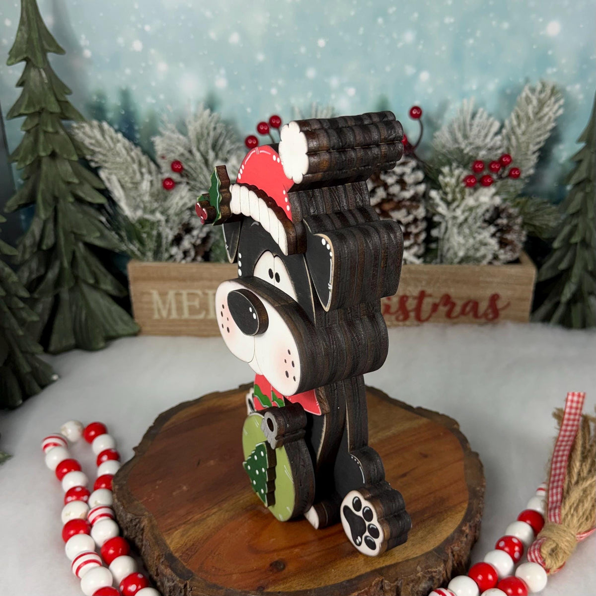 Christmas Dog Shelf Sitter | Hand-Painted Chunky Wooden Holiday Decor