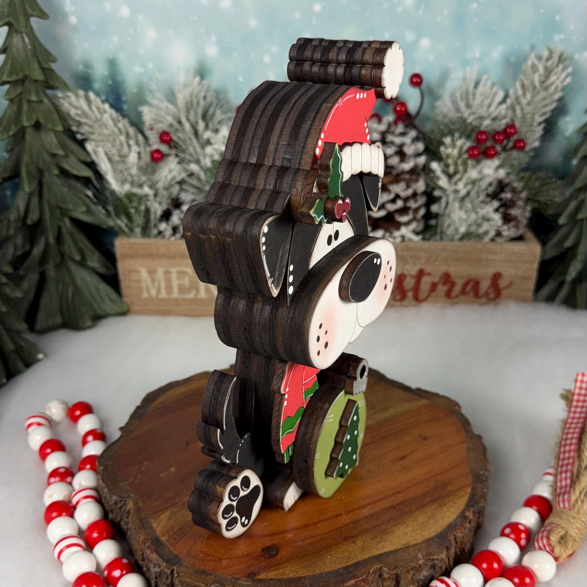 Christmas Dog Shelf Sitter | Hand-Painted Chunky Wooden Holiday Decor