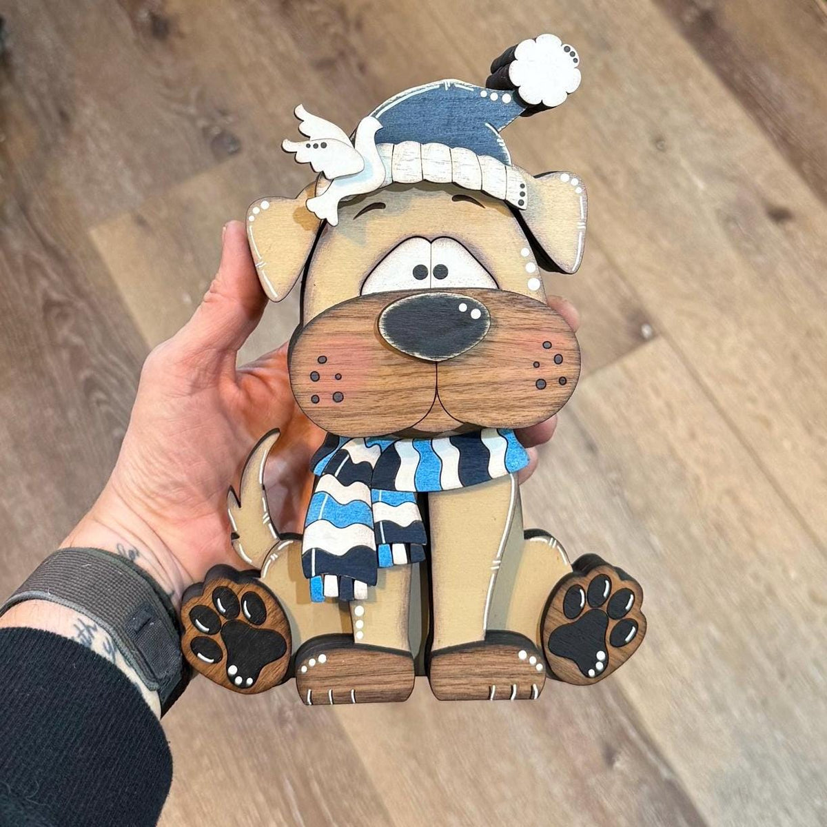 Hanukkah Dog Shelf Sitter, Wooden Dog Decor with Menorah or Dreidel, Handmade Jewish Holiday Decoration