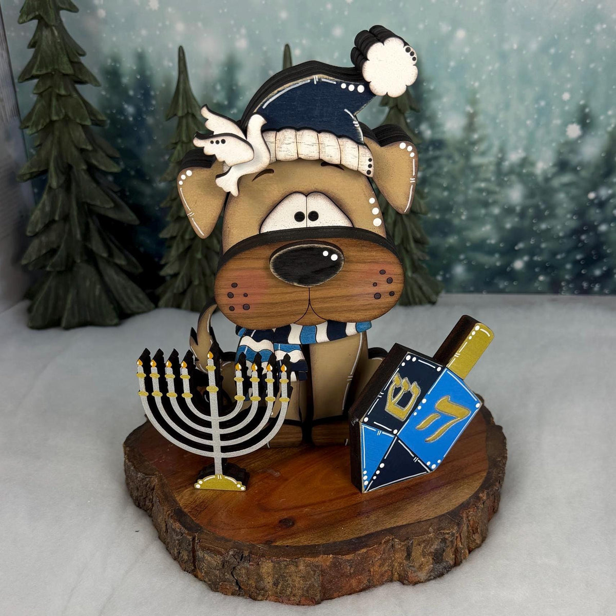 Hanukkah Dog Shelf Sitter, Wooden Dog Decor with Menorah or Dreidel, Handmade Jewish Holiday Decoration