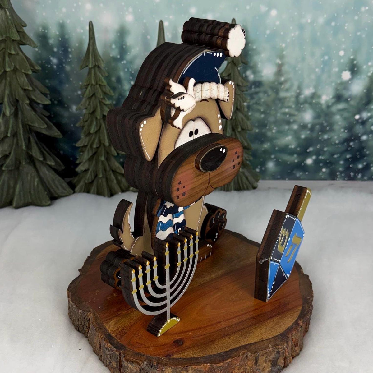 Hanukkah Dog Shelf Sitter, Wooden Dog Decor with Menorah or Dreidel, Handmade Jewish Holiday Decoration