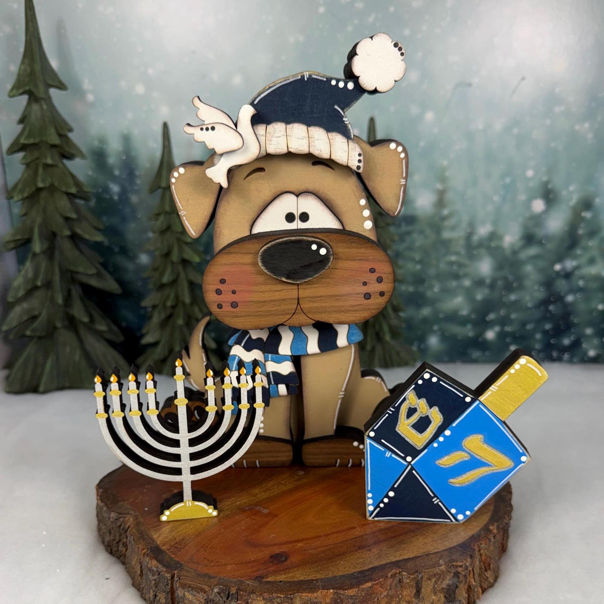 Hanukkah Dog Shelf Sitter, Wooden Dog Decor with Menorah or Dreidel, Handmade Jewish Holiday Decoration