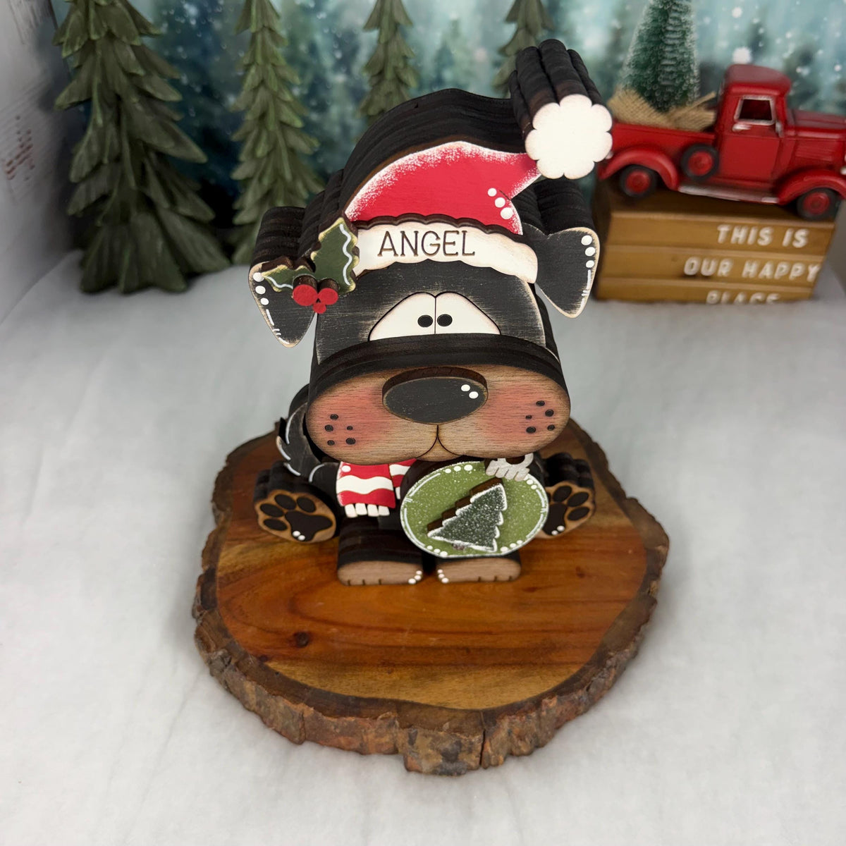Christmas Dog Shelf Sitter | Hand-Painted Chunky Wooden Holiday Decor
