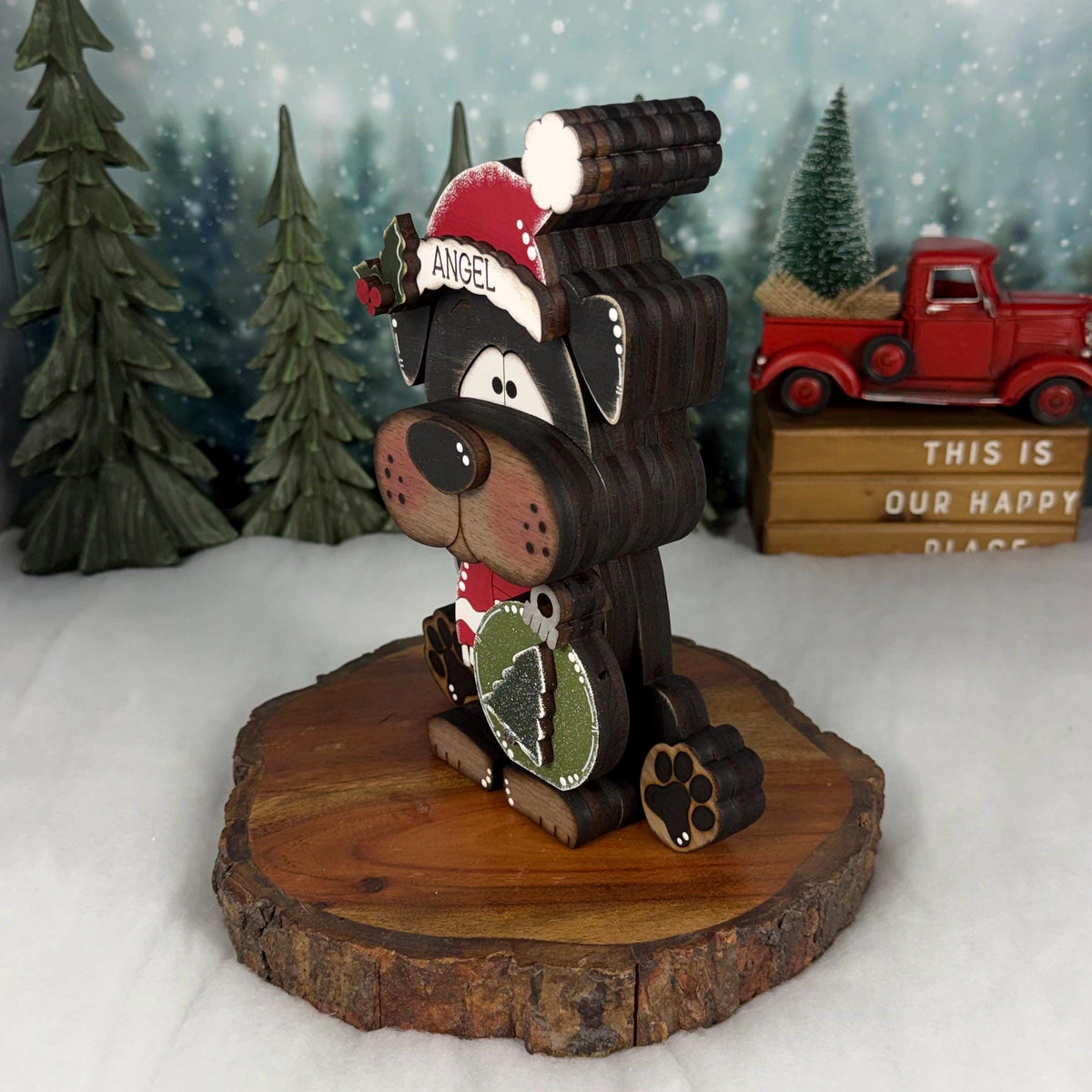 Christmas Dog Shelf Sitter | Hand-Painted Chunky Wooden Holiday Decor