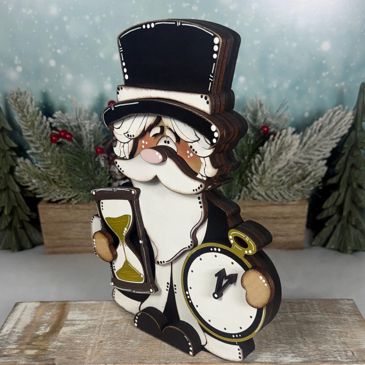 Father Time Wooden Shelf Sitter, Hand Painted New Year Centerpiece, Rustic Holiday Decor