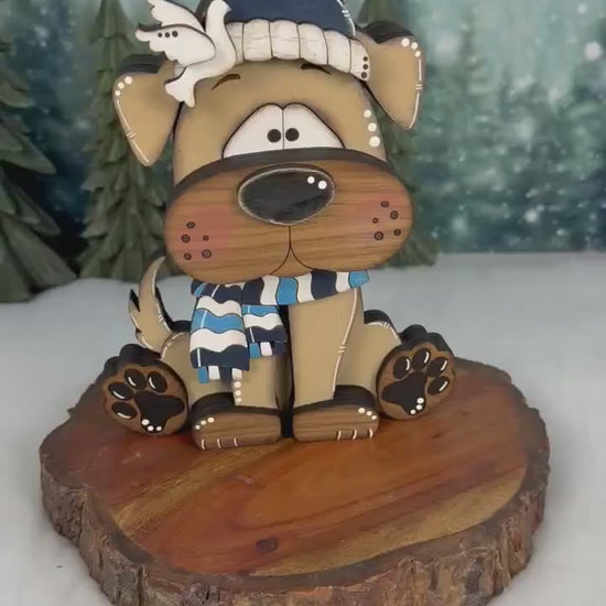 Hanukkah Dog Shelf Sitter, Wooden Dog Decor with Menorah or Dreidel, Handmade Jewish Holiday Decoration