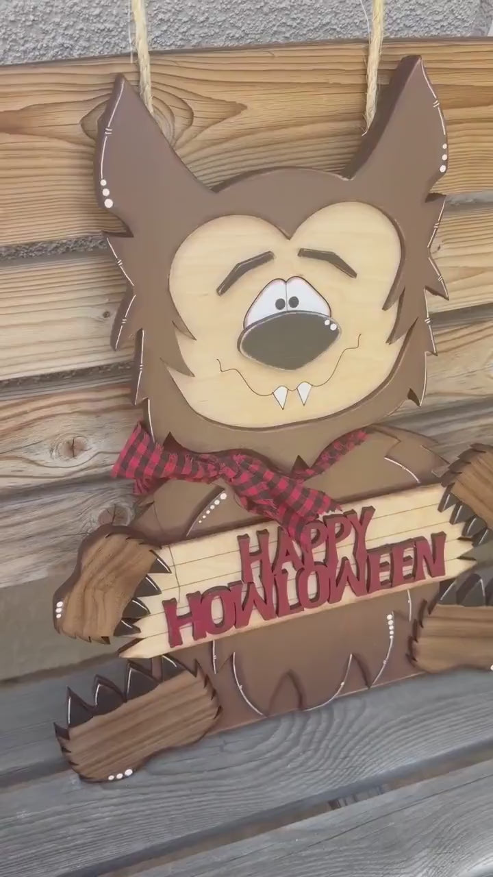 Happy Howlween Werewolf Door Hanger | Rustic Halloween Door Decor