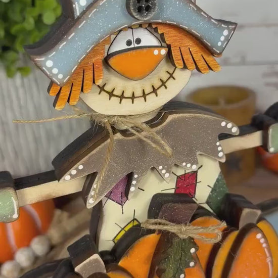 Handmade Wooden Scarecrow Shelf Sitter with Pumpkins, Rustic Fall Decor