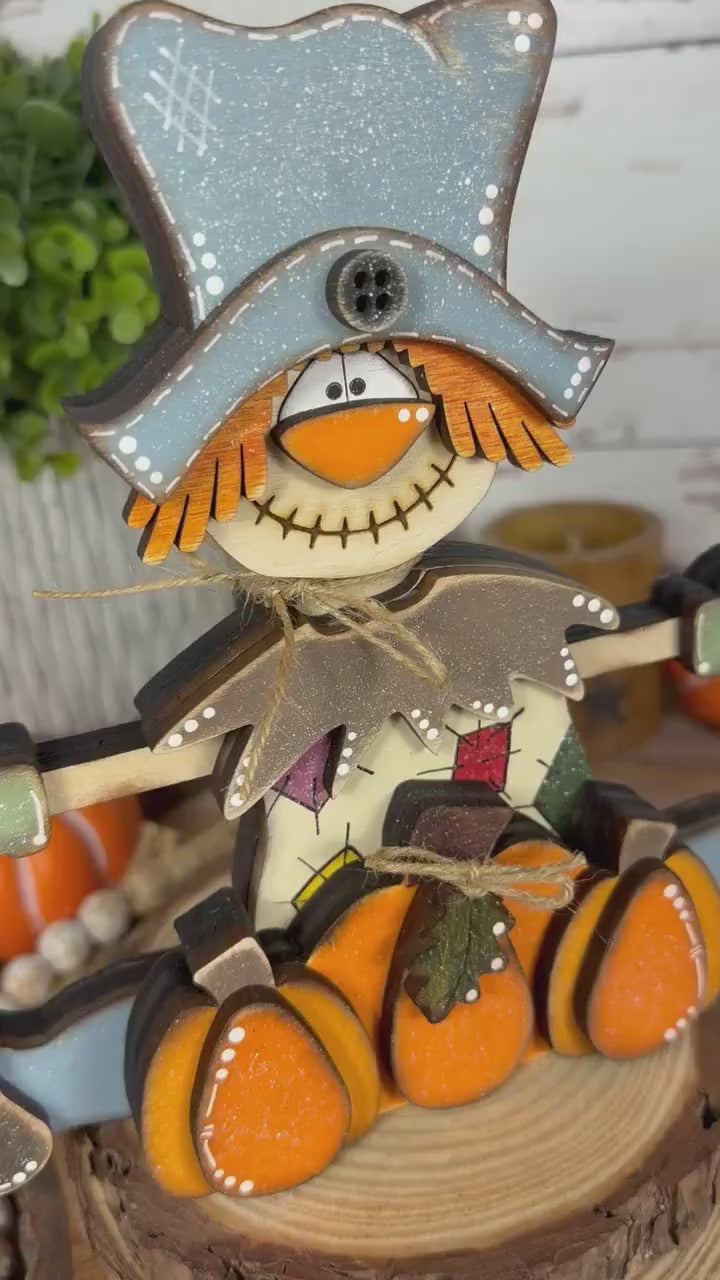 Handmade Wooden Scarecrow Shelf Sitter with Pumpkins, Rustic Fall Decor