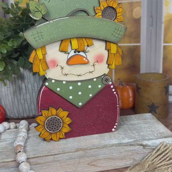 Charming Chunky Wooden Girl Scarecrow Shelf Sitter for Fall Farmhouse Vibes