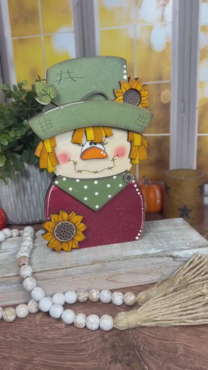 Charming Chunky Wooden Girl Scarecrow Shelf Sitter for Fall Farmhouse Vibes
