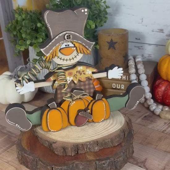 Wooden Scarecrow Shelf Sitter with Pumpkins and Acorn – Rustic Fall Decor