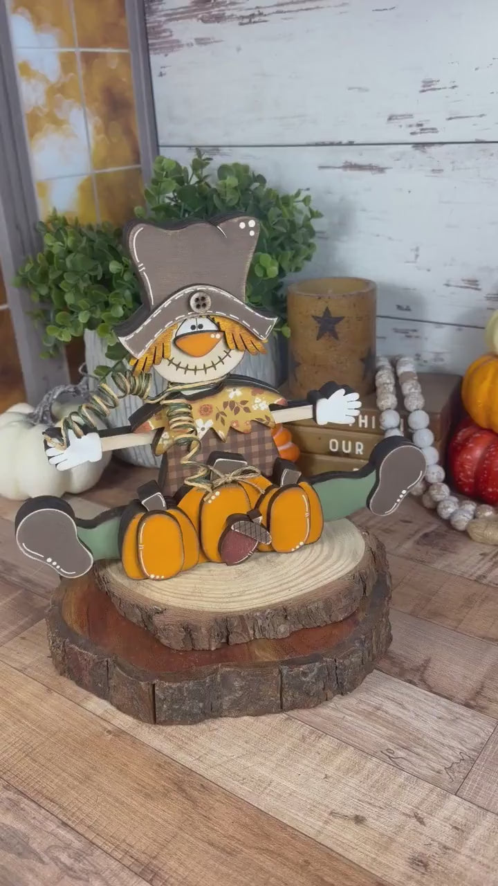 Wooden Scarecrow Shelf Sitter with Pumpkins and Acorn – Rustic Fall Decor