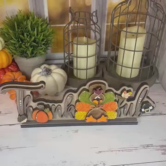 Thankful Thanksgiving Sign – Rustic Birch Wood Shelf Sitter with Turkey, Pumpkin & Pilgrim Hat – Hand Painted Fall Decor