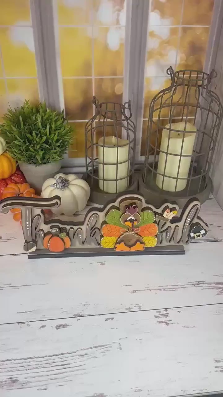 Thankful Thanksgiving Sign – Rustic Birch Wood Shelf Sitter with Turkey, Pumpkin & Pilgrim Hat – Hand Painted Fall Decor