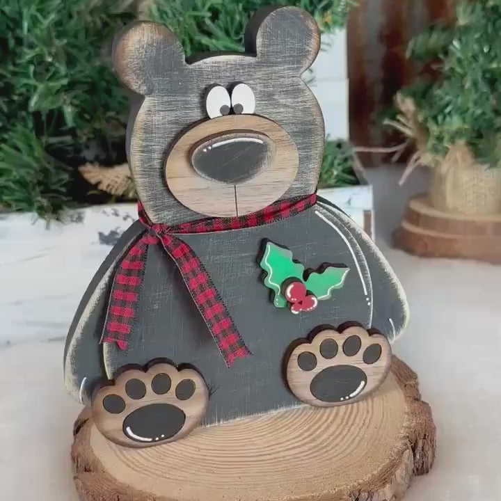 Wooden Christmas Bear Shelf Sitter – Rustic Cabin Holiday Decor