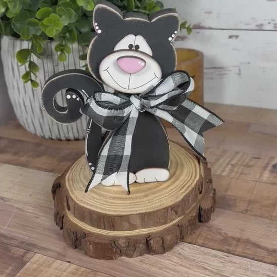 Black & White Wooden Cat – Hand-Painted Shelf Sitter or Decor