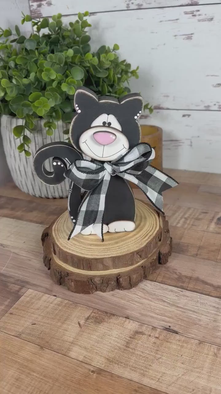 Black & White Wooden Cat – Hand-Painted Shelf Sitter or Decor