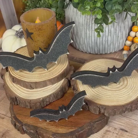Tiered Tray Bats — Rustic Wood Halloween Shelf Décor, Farmhouse Halloween Accent