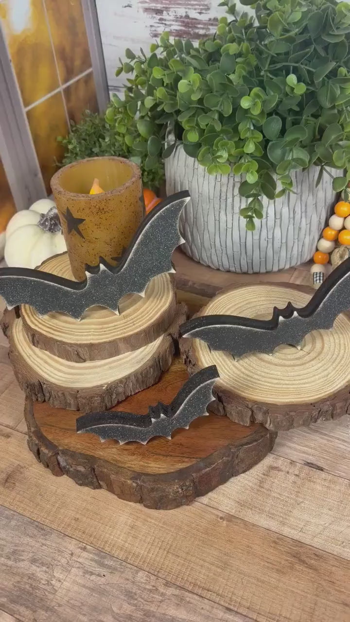Tiered Tray Bats — Rustic Wood Halloween Shelf Décor, Farmhouse Halloween Accent