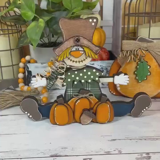 Sitting Scarecrow with Pumpkins and an Acorn – Rustic Wooden Fall Decor
