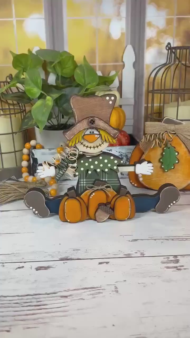 Sitting Scarecrow with Pumpkins and an Acorn – Rustic Wooden Fall Decor