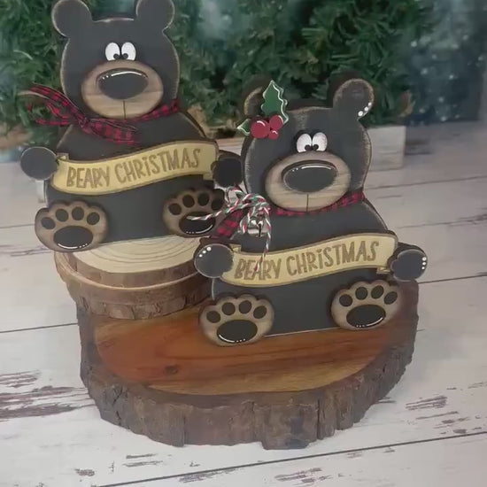 Hand-Painted Walnut Wood Bear Christmas Decor – Rustic Holiday Accent (6" Tall)