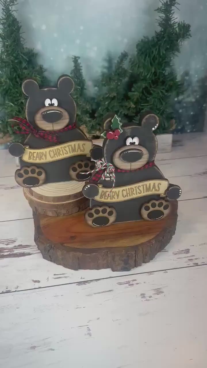 Hand-Painted Walnut Wood Bear Christmas Decor – Rustic Holiday Accent (6" Tall)