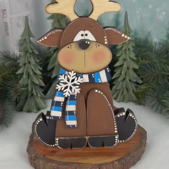 Wooden Reindeer Shelf Sitter, Hand Painted Winter Decor, Blue and White Scarf