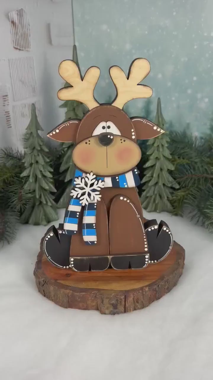 Wooden Reindeer Shelf Sitter, Hand Painted Winter Decor, Blue and White Scarf