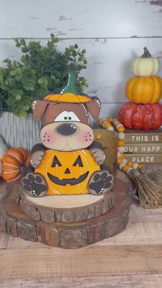 Halloween Dog Shelf Sitter in Pumpkin Costume, Dog Lover Gift