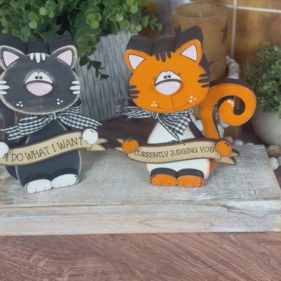Cat Lover Gift, Personalized Wooden Shelf Sitter, Interchangeable Funny Home Decor, Black or Orange Cat Gift