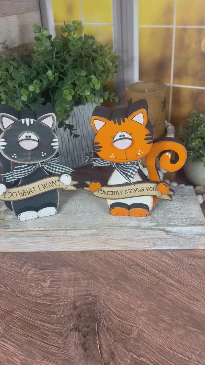 Cat Lover Gift, Personalized Wooden Shelf Sitter, Interchangeable Funny Home Decor, Black or Orange Cat Gift