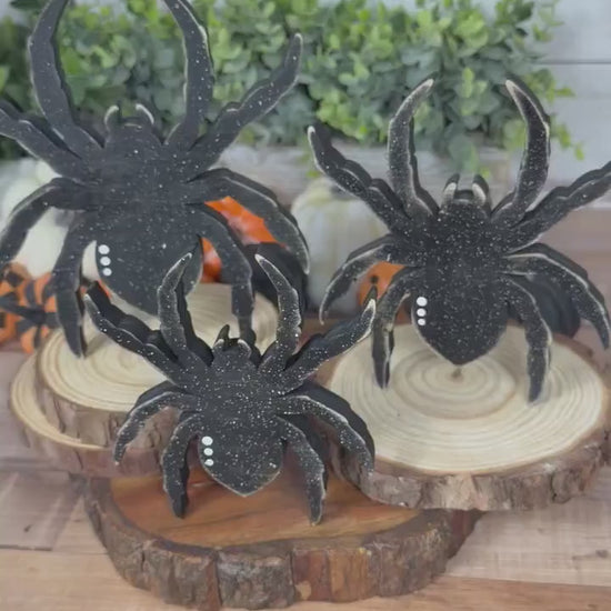 Wooden Spider Shelf Sitter Set | Hand Painted Halloween Decor | Rustic Farmhouse Spiders
