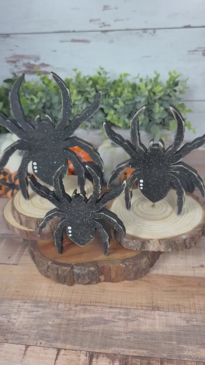 Wooden Spider Shelf Sitter Set | Hand Painted Halloween Decor | Rustic Farmhouse Spiders