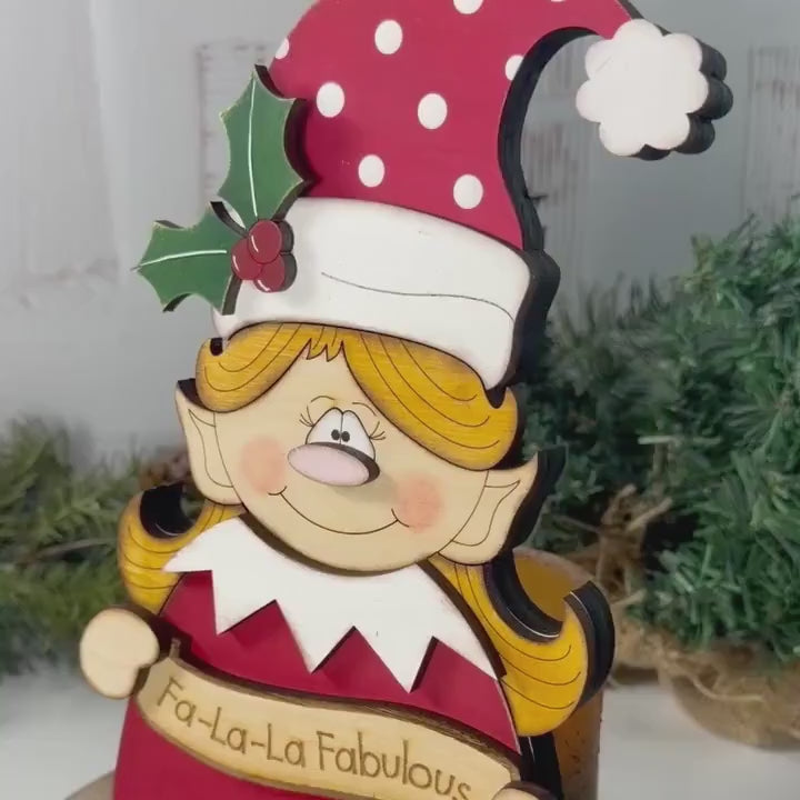 Wooden Christmas Elf Shelf Sitter, Hand Painted Holiday Decor