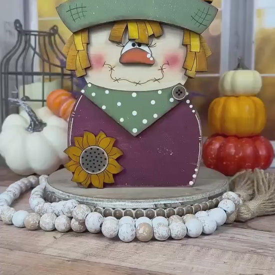 Charming Chunky Wooden Girl Scarecrow Shelf Sitter for Fall Farmhouse Vibes